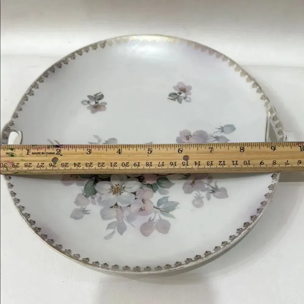 Schumann Germany White Pink Floral Porcelain Serveware Plate 9 1/2 In Gold Trim